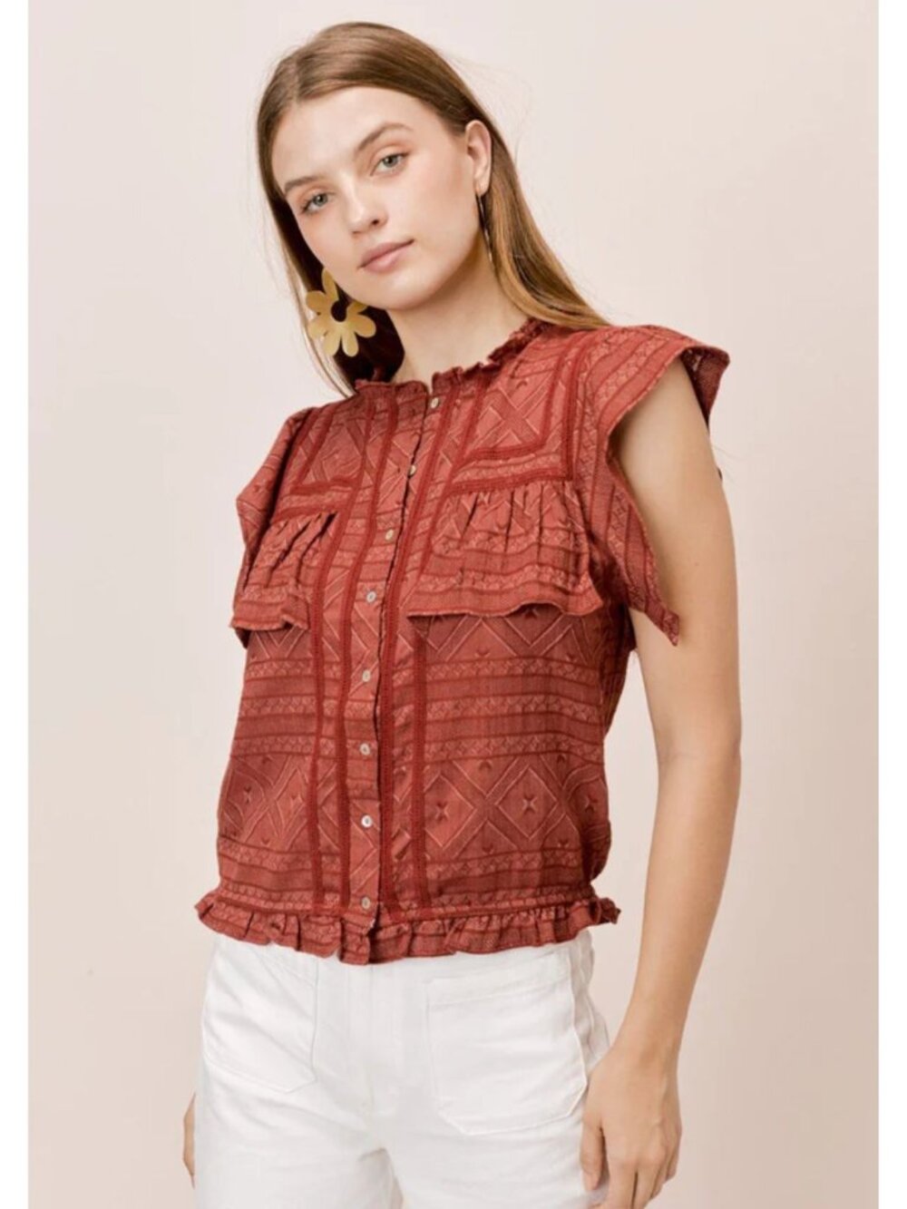 LOVE STITCH Sleeveless Texture Short Sleeve Button Front Top Ruffled Rust M